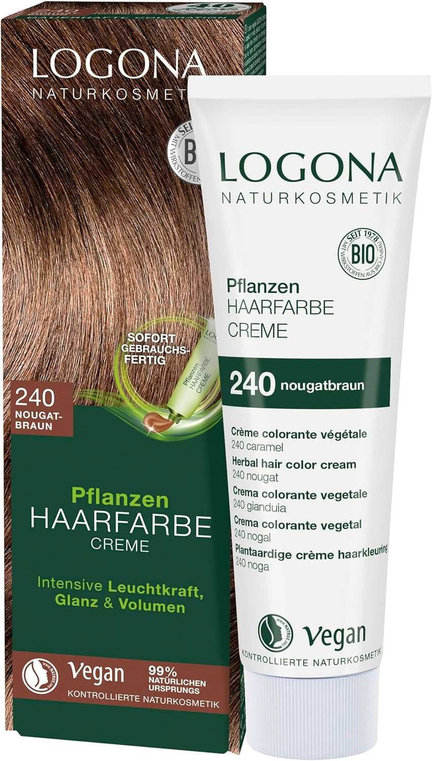 LOGONA Natural Cosmetics Plant Hair Color Cream 240 Nougat Brown, Naturlig färg för brunt hår med henna, färgande kräm för bruna toner, färgning för mörkt hår, 150ml Hårfärgning Naty Shop 240 Nougat Brown