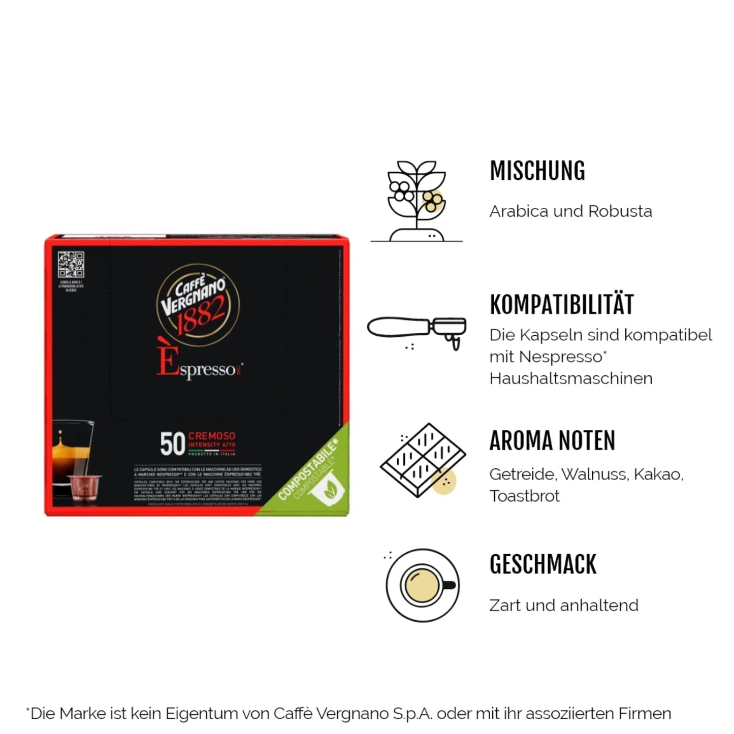Caffè Vergnano 1882 - Èspresso Kompostierbare Kaffeekapseln, kompatibel med Nespresso, Cremoso (Creamy) - Packung Enthält 50 Kapseln