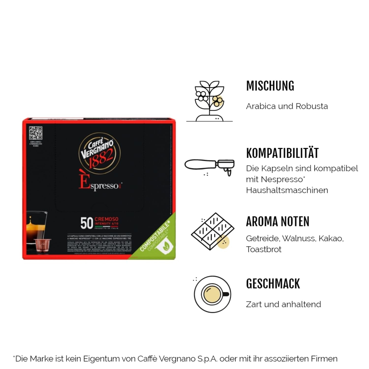 Caffè Vergnano 1882 - Èspresso Kompostierbare Kaffeekapseln, kompatibel med Nespresso, Cremoso (Creamy) - Packung Enthält 50 Kapseln
