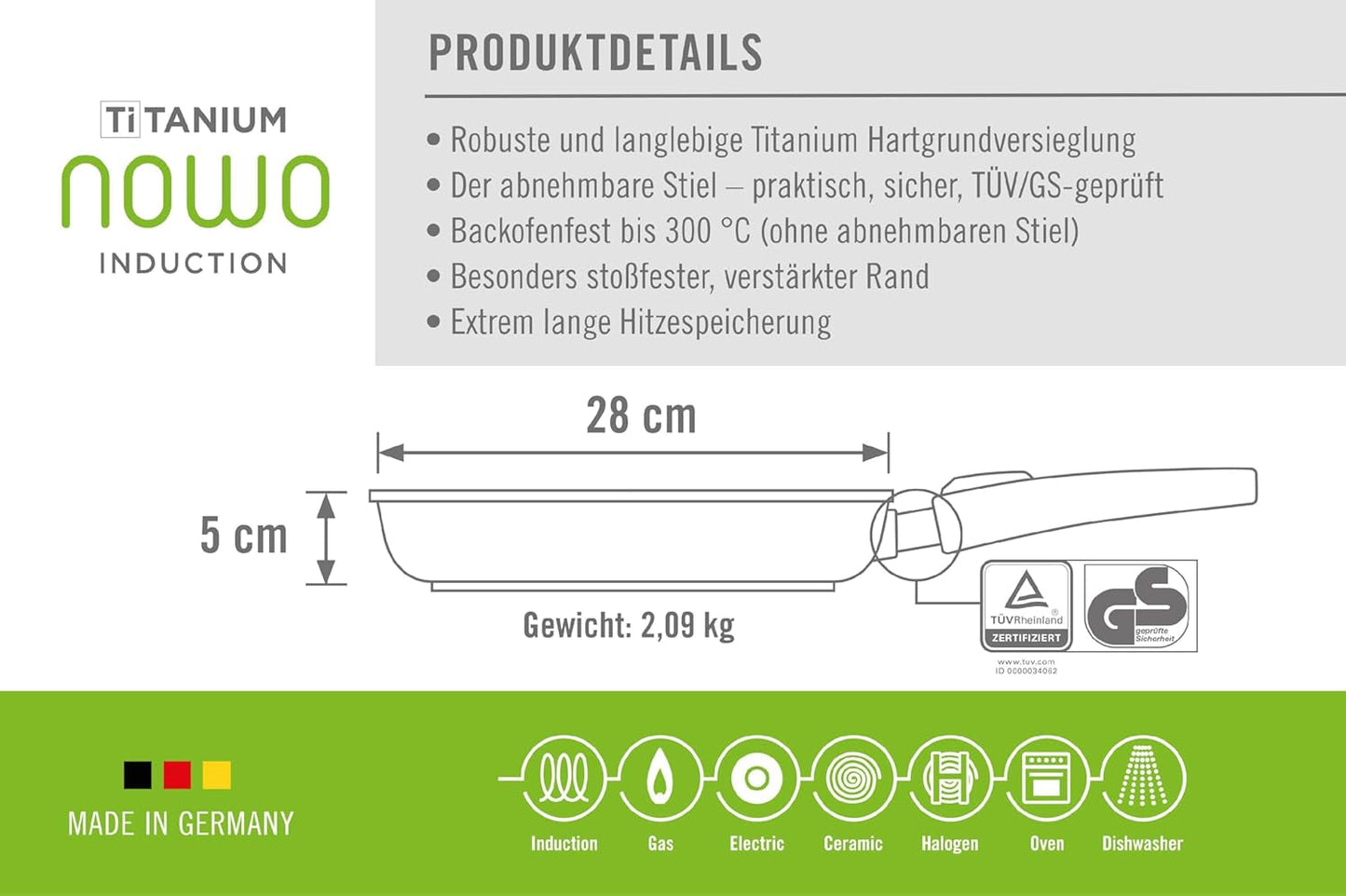 Woll Nowo Titanium platt panna - induktion, 5 cm höjd, avtagbart handtag - för alla typer av hällar, gjuten aluminium, non-stick beläggning Grytor och kastruller Naty Shop