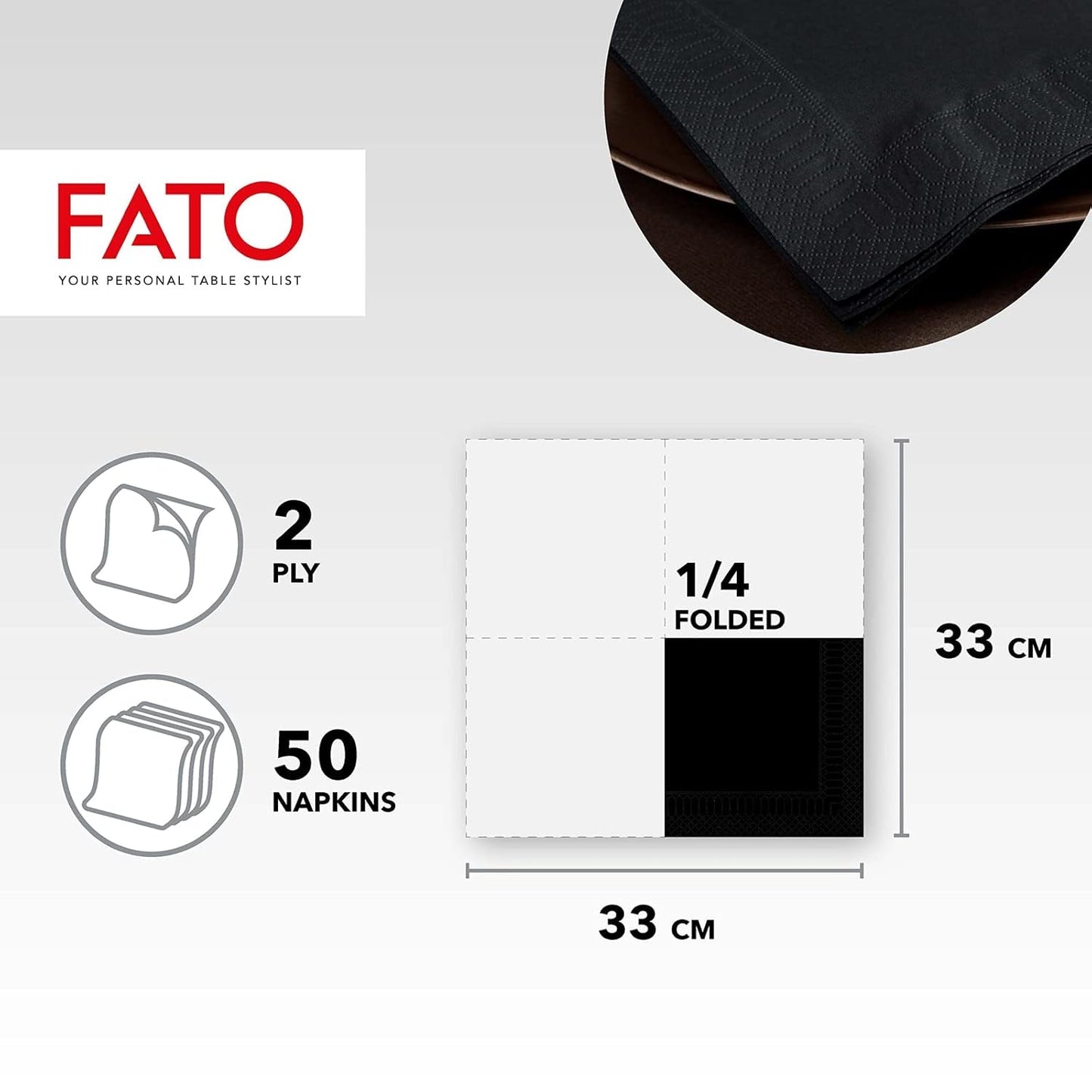 , Engångspappersservetter, idealiska för vardagliga luncher och bufféer, paket med 50 servetter, storlek 33X33, 4-lagers, 2-lagers, svart, Fsc-certifierad (paket med 2)
