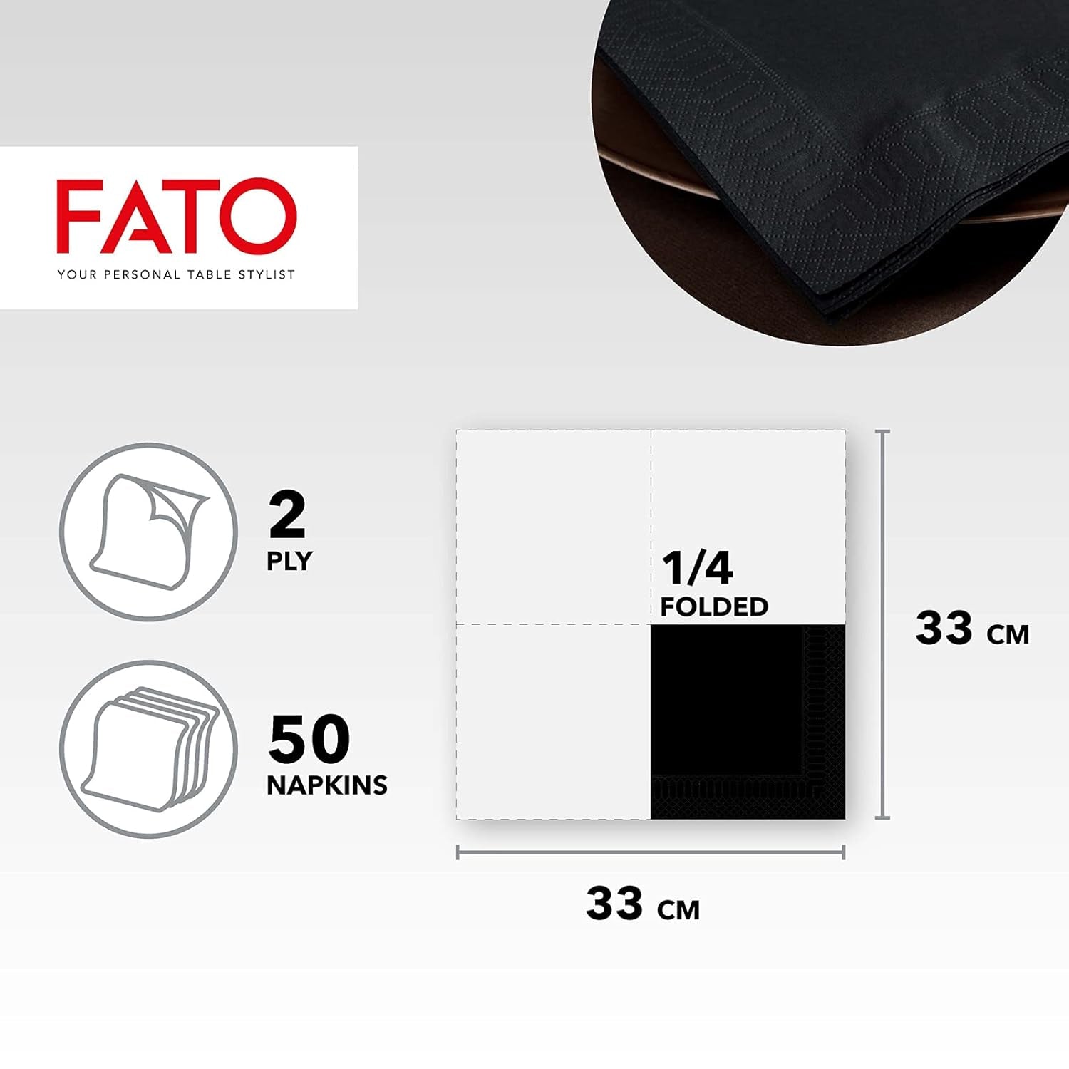 , Engångspappersservetter, idealiska för vardagliga luncher och bufféer, paket med 50 servetter, storlek 33X33, 4-lagers, 2-lagers, svart, Fsc-certifierad (paket med 2)