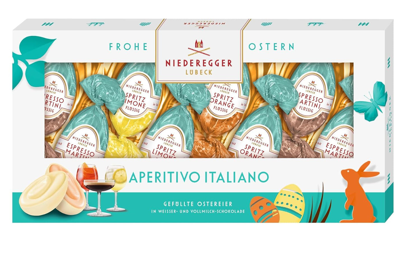 Niederegger | Pralinägg | Italiensk aptitretare | 1 x 100g | Fyllda ägg i smakerna Lemon Spritz, Orange Spritz och Espresso Martini | Täckt med mjölk och vit choklad | påskgåva