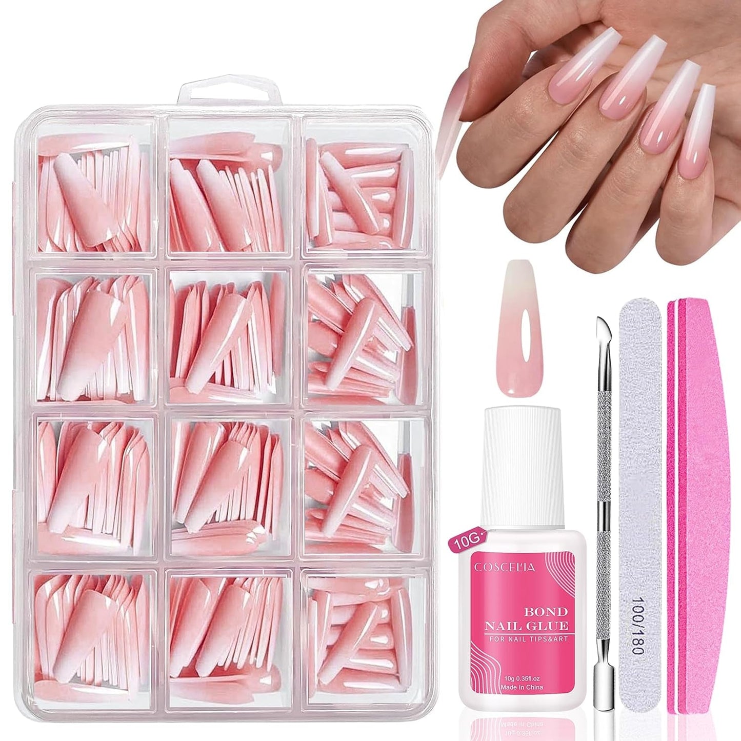 False Nails Set - 240 stycken Franska falska naglar limma på - Rosa Vit Gradient Design Konstgjorda naglar Heltäckande mjuk gel Naturlig och bekväm att bära (rosa mandel)