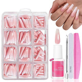 False Nails Set - 240 stycken Franska falska naglar limma på - Rosa Vit Gradient Design Konstgjorda naglar Heltäckande mjuk gel Naturlig och bekväm att bära (rosa mandel)