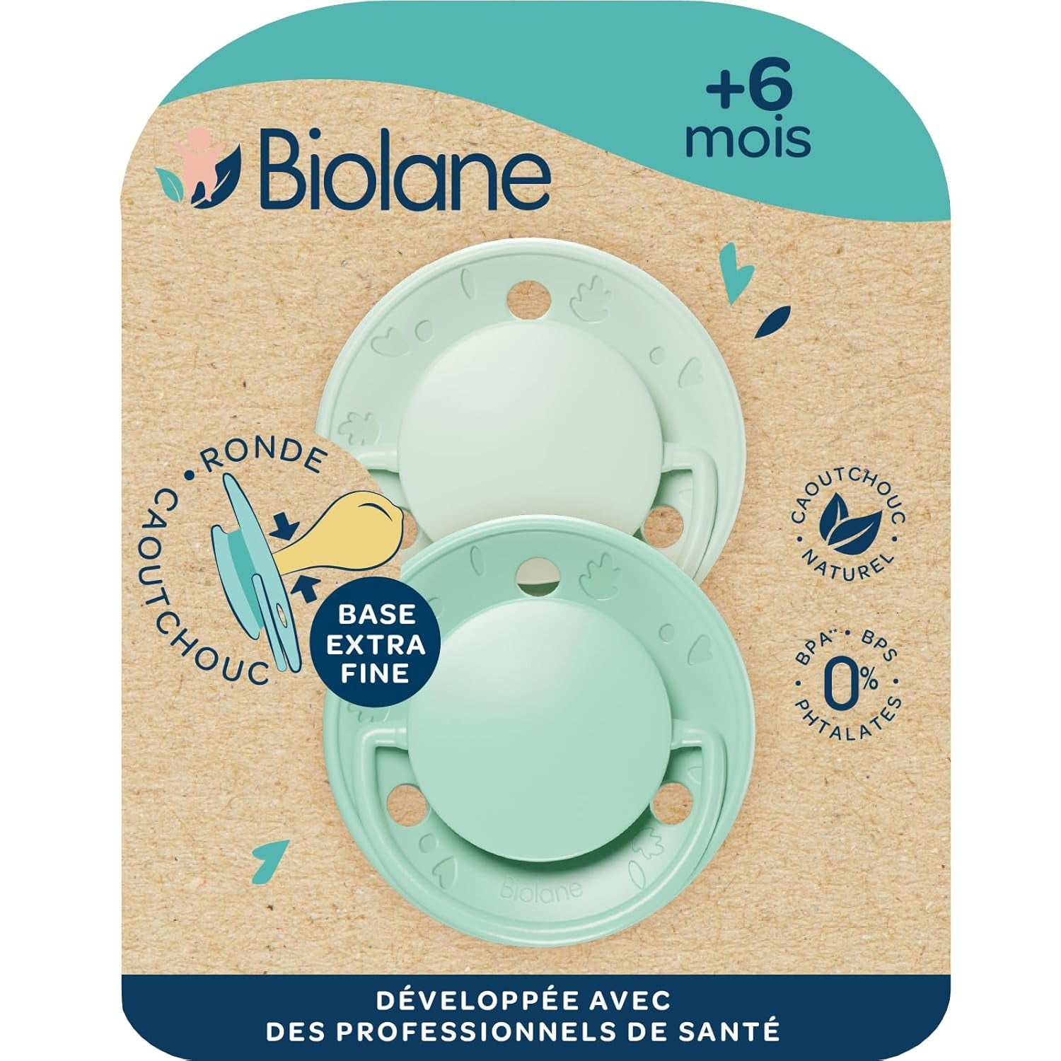 BIOLANE - Rund napp - Extra tunn napp - 6+ månader - Bicolor green - Naturgummi napp - För oral utveckling - Mjuk och bekväm