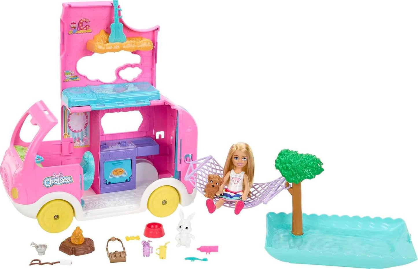 Barbie Chelsea 2-i-1 husvagn - leksaksfordon med pool, hängmatta och matplats för fantasifull lek och sagotid, åldrarna 3+, HNH90