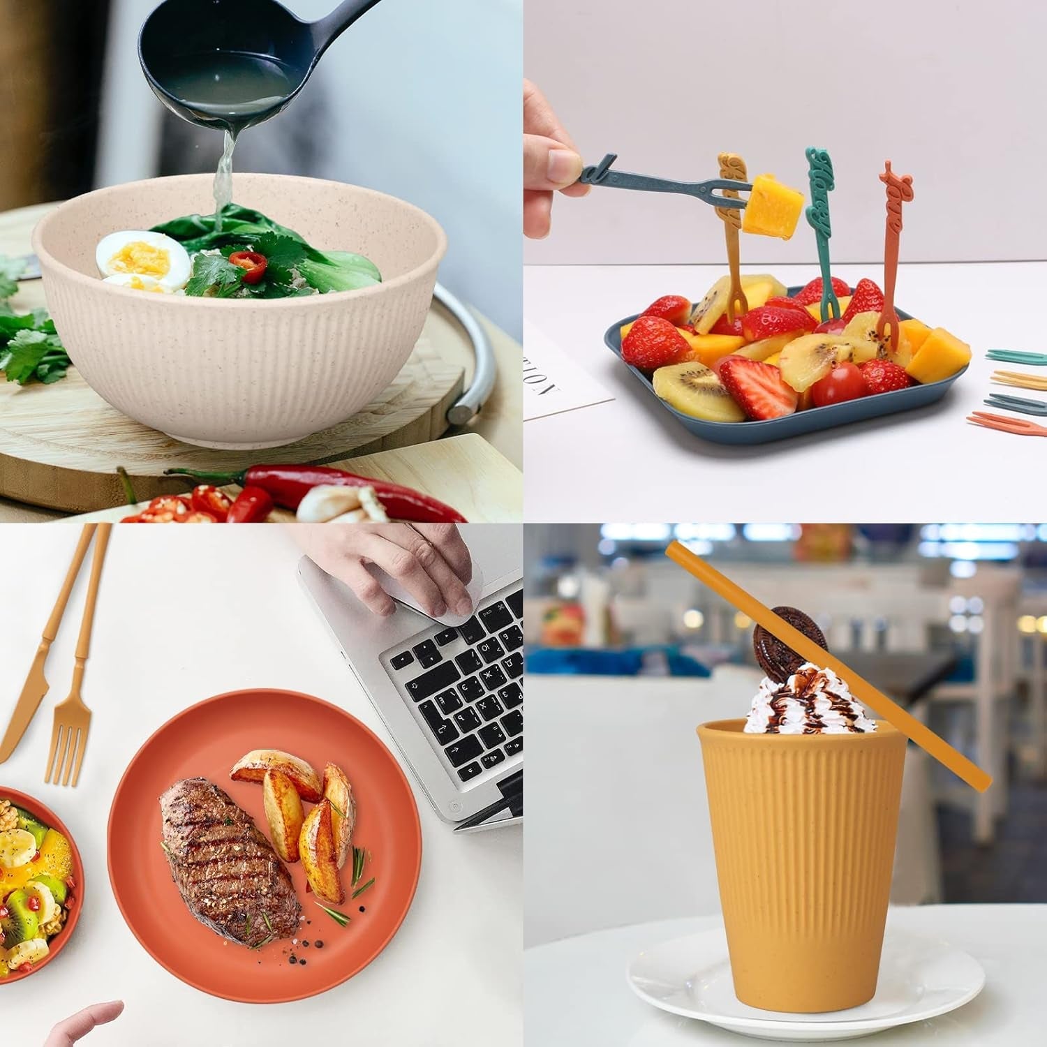 Oförstörbart 6-personers bestickset Campingbestickset 66 delar plast picknickbestickset Lättvikts färgglada BBQ Plast portionstallrikar Skålar Bestickset