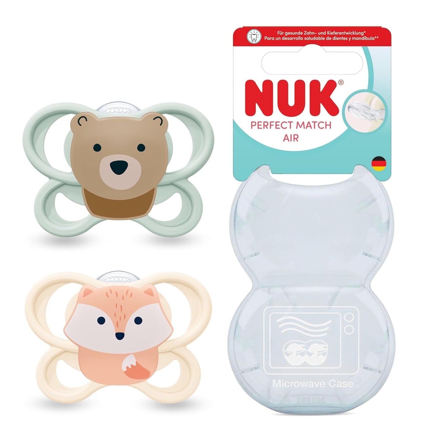 NUK Perfect Match luftnappar för spädbarn | 0-6 månader | Ortodontiska nappar som främjar luftcirkulationen och förhindrar dregling | 95 % acceptans av spädbarn** | Räv/Nalle | Paket om 2