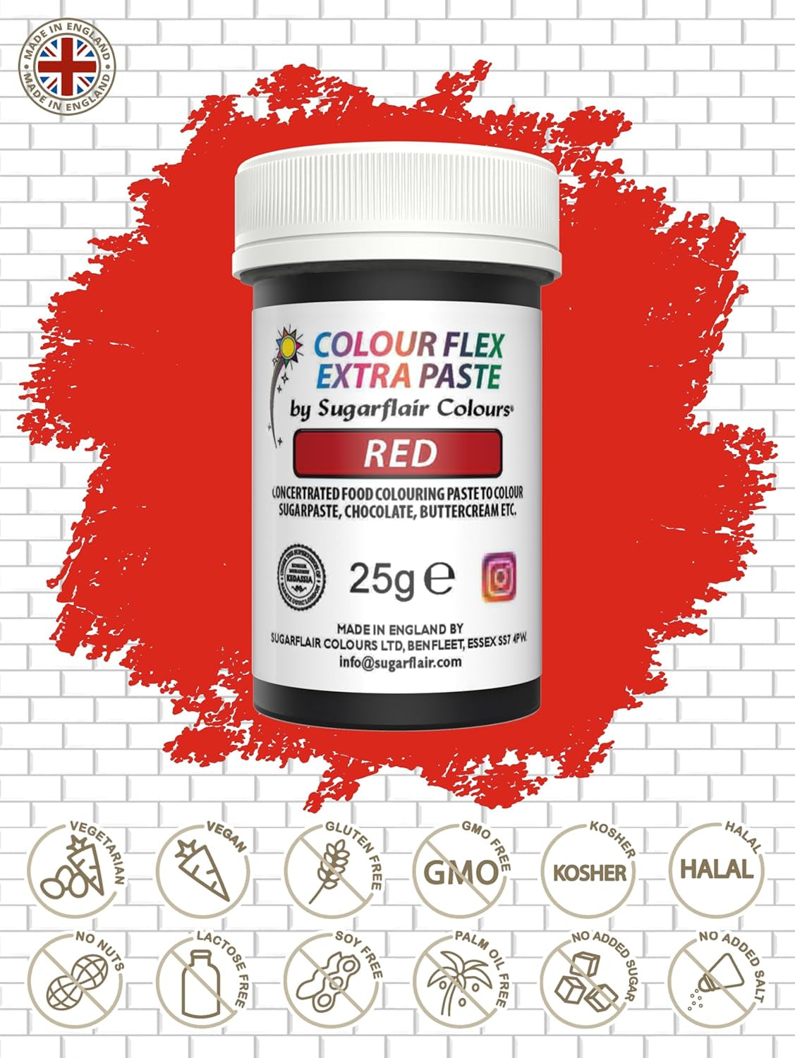 Sugarflair Colourflex Extra Paste matfärg, röd - Ätbar matfärg för smörkräm, choklad, sockerpasta, glasyr, fondant, kakmixar, deg med mera - 25g