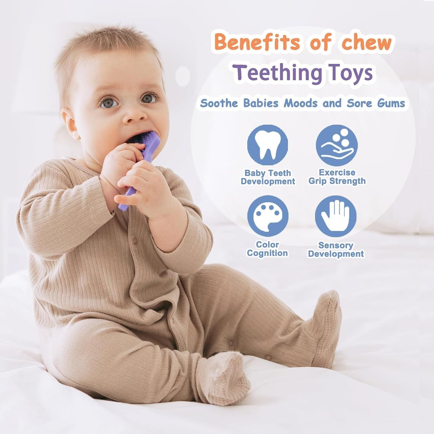 Baby Teether [Original] - Silikonbitringleksak, Cool bitring, Brickhjälp, BPA-fri | Leksaker, tillbehör och presenter för småbarn 3+ månader | Paket om 4