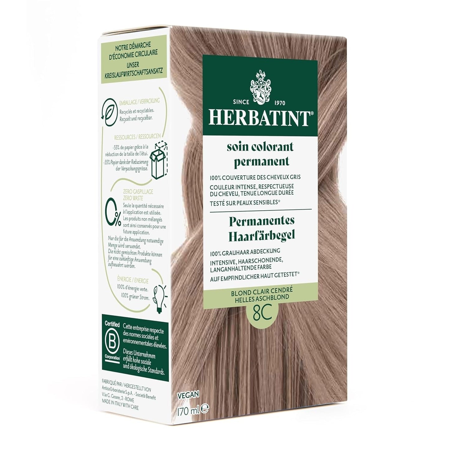 Permanent hårfärgsgel 6N mörkblond - 170 ml I ammoniakfri, 100 % grå hårtäckning Jag testade på känslig hud, med 8 växtextrakt Naty Shop Hårfärgning 8C ljusgrå blond