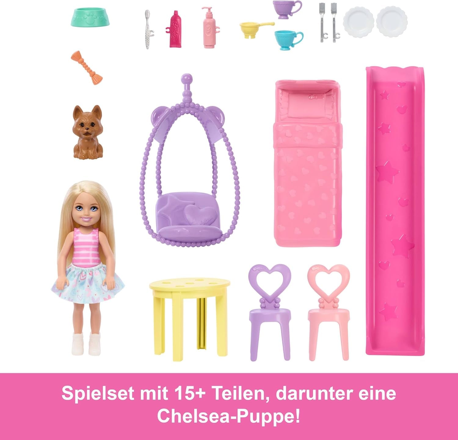 Barbie Chelsea dockskåp med 15+ tillbehör, popup-hus expanderar till över 42 x 33 cm med 5 lekytor och en rutschkana, med en liten docka och en hund, JFW49