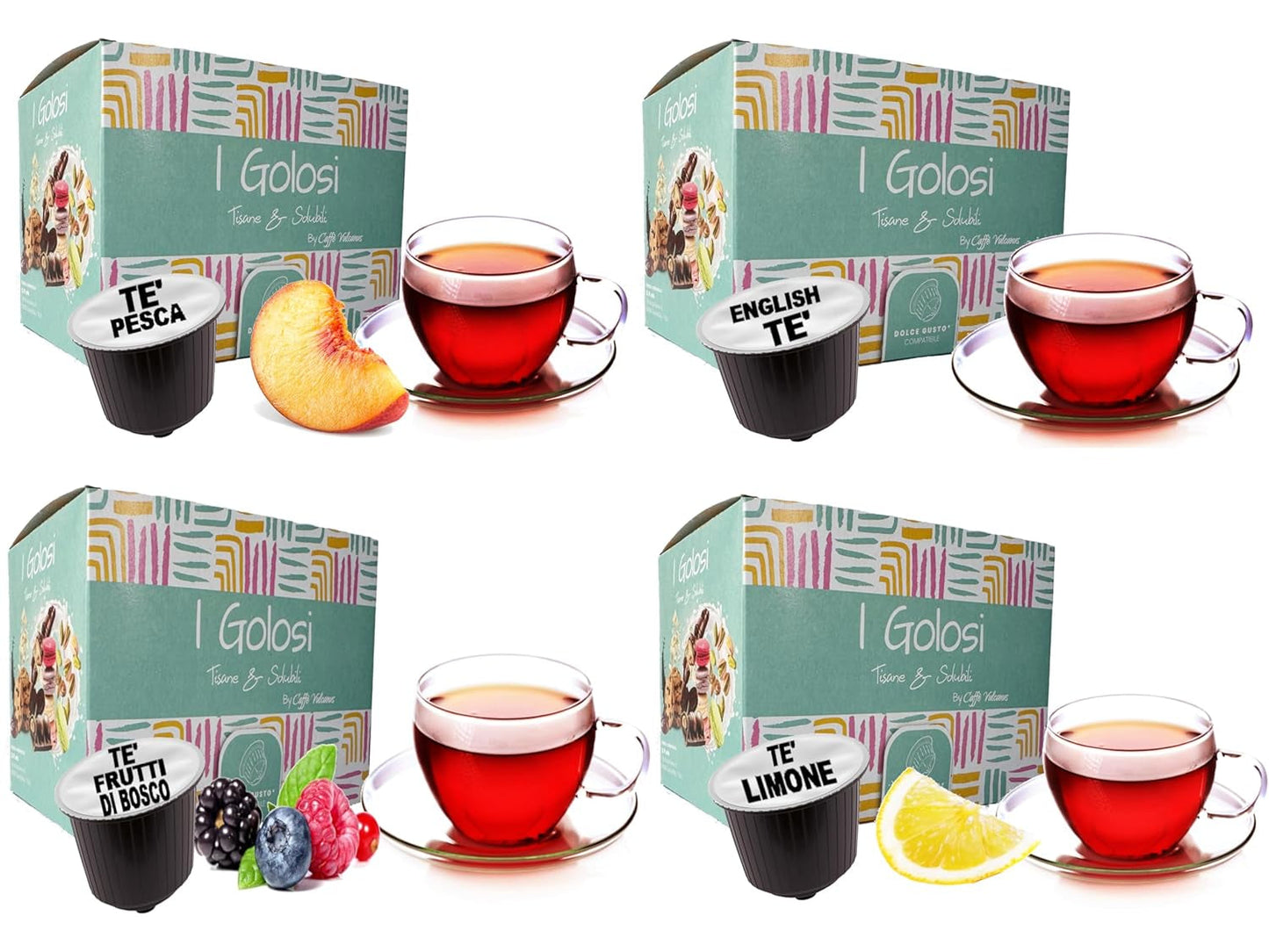 Caffè Vulcanus - 60 kapslar teblandning, smak: engelskt te, persikote, citronte och bärte - kapslar kompatibla med Nescafe Dolce Gusto