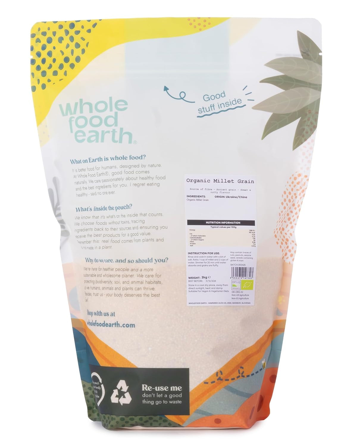 Hirs ekologisk Wholefood Earth 2 kg | Icke-GMO | Vegan | Rik på fibrer | Certifierad ekologisk