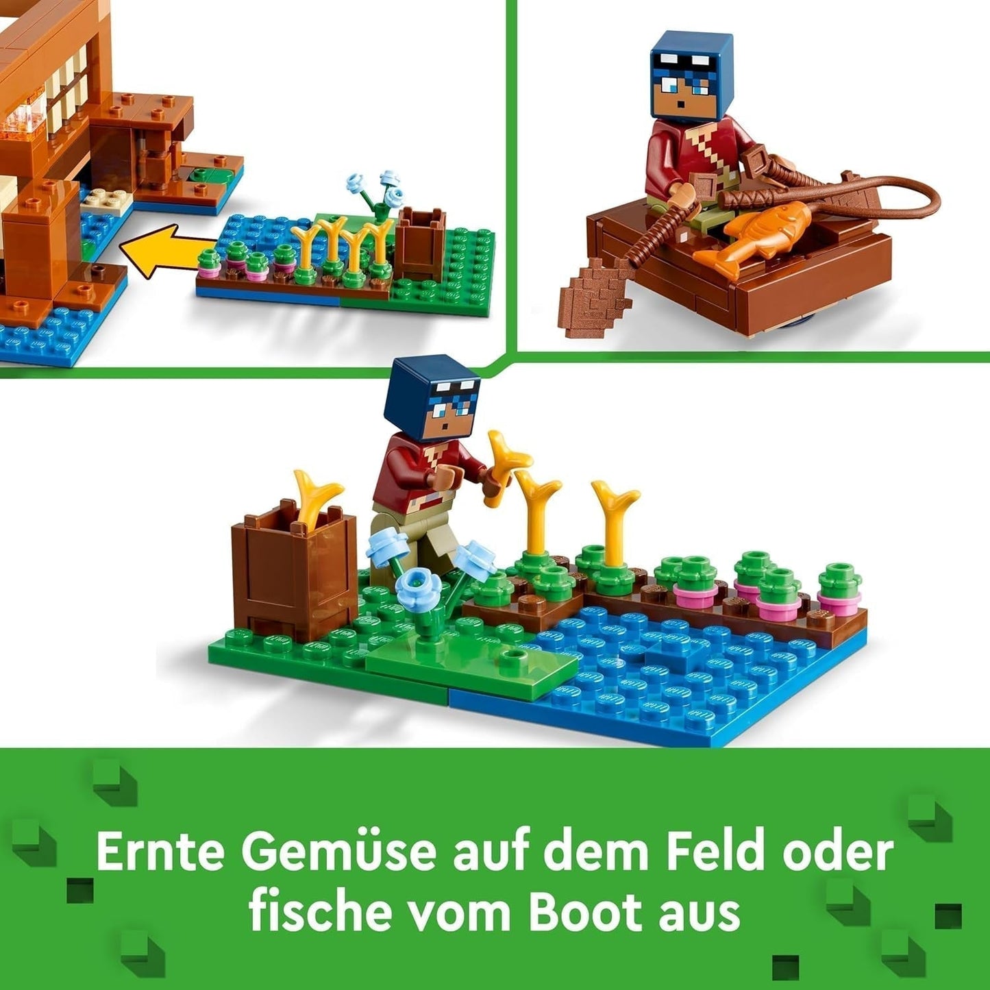 LEGO Minecraft The Frog House, leksakshus med figurer inklusive zombie, slem och drunknande man, plus tillbehör som leksaksbåt och arbetsbänk, present till pojkar och flickor från 8 år 21256 Byggset Besuche den LEGO-Store