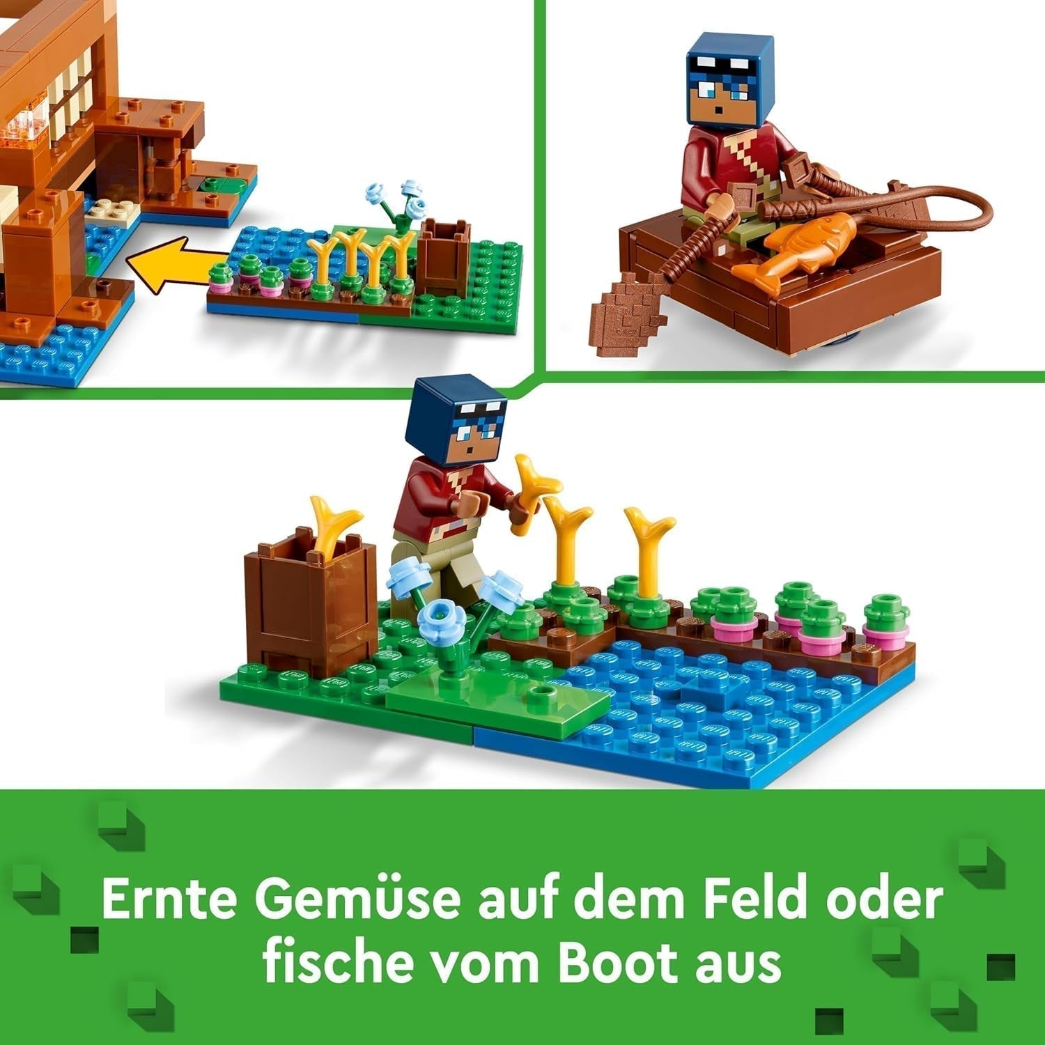LEGO Minecraft The Frog House, leksakshus med figurer inklusive zombie, slem och drunknande man, plus tillbehör som leksaksbåt och arbetsbänk, present till pojkar och flickor från 8 år 21256 Byggset Besuche den LEGO-Store
