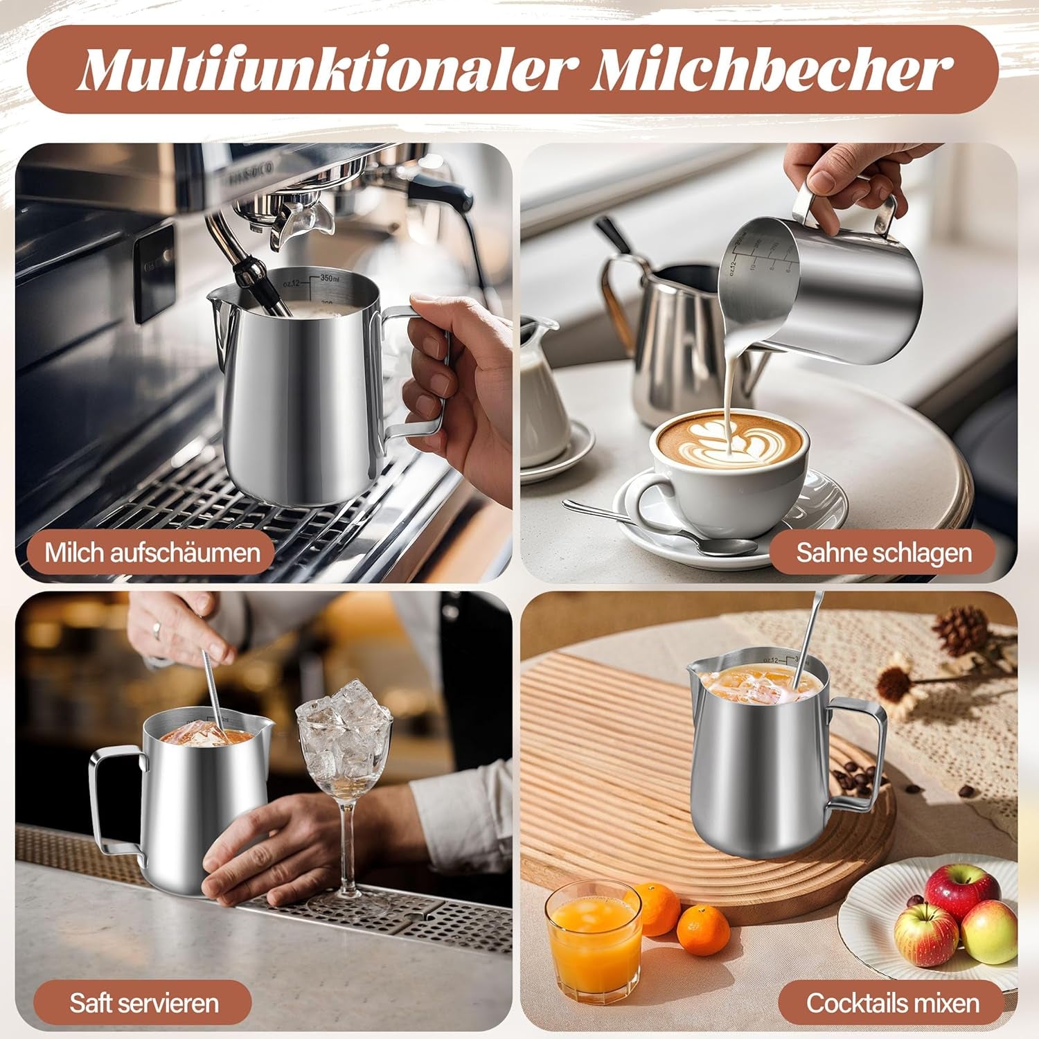 Mjölkmugg, 350 ml mjölkmugg i rostfritt stål med mätmärke, baristatillbehör, mjölkmugg för cappuccino, espresso, latte art, kaffeälskare, silver, 355 ml