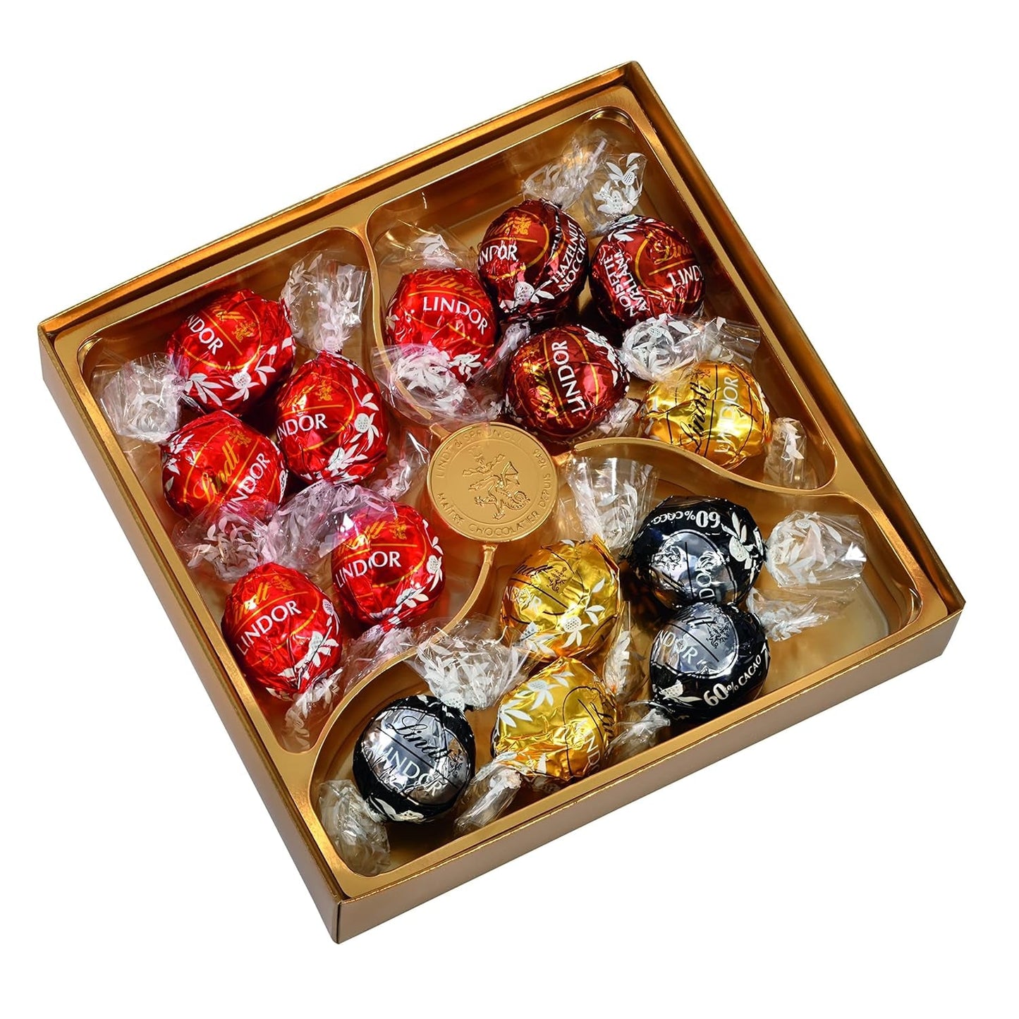 Lindt LINDOR presentask med diverse choklad, ca. 15 LINDOR tryffel, 4 varianter (mjölkchoklad, vit choklad, mörk choklad 60% och hasselnöt), 187 g