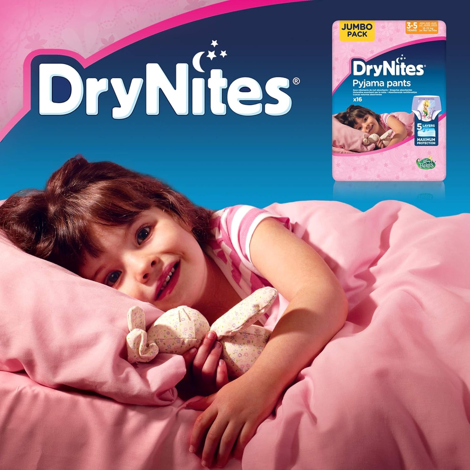 DryNites Pyjamasbyxor för flickor 3-5 år 1 förpackning (1 x 16 stycken)