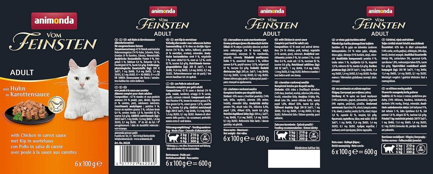 Animonda vom Feinsten våt kattmat med kyckling i morotssås (6 x 100g), spannmålsfri, sockerfri våt kattmat med färska och köttiga ingredienser