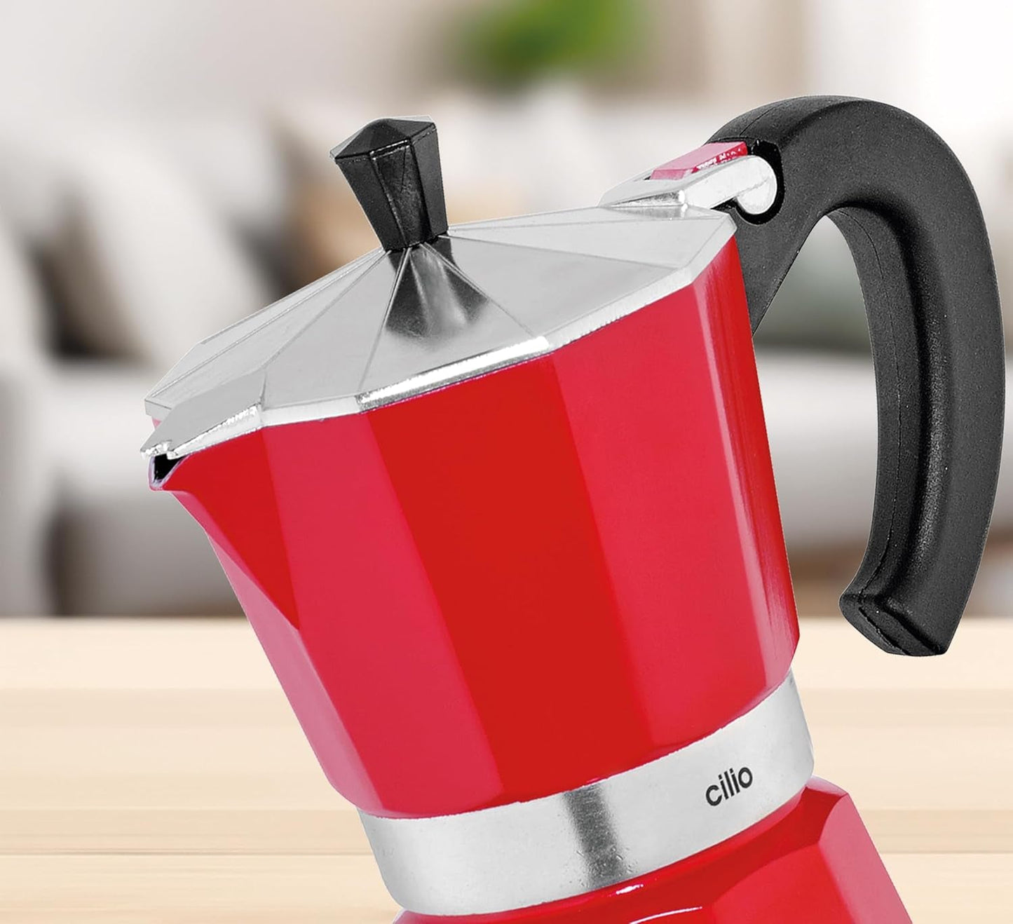 Cilio Classico espressomaskin för 6 koppar | elektrisk 480W | Ø 11,5 cm Höjd: 25 cm | aluminium | röd | integrerad häll | med värmebevarande funktion och reducerande filter | för resor eller camping