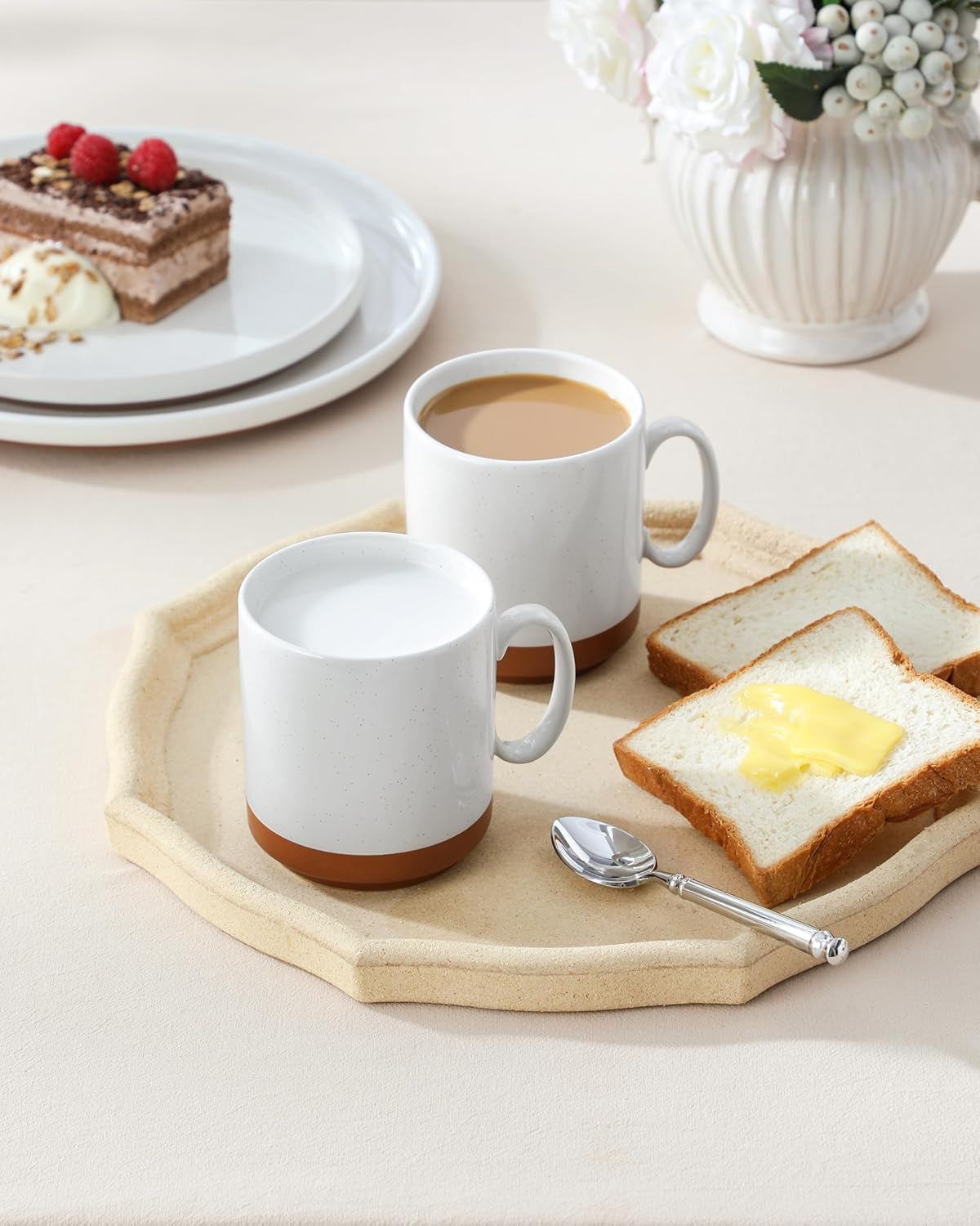 MALACASA kaffemuggset, 350ml muggset av stengods för 4 personer, moderna kaffemuggar för te, juice, latte, cappuccino, varm choklad. Tål diskmaskin och mikrovågsugn, TARA-serien, kakivit