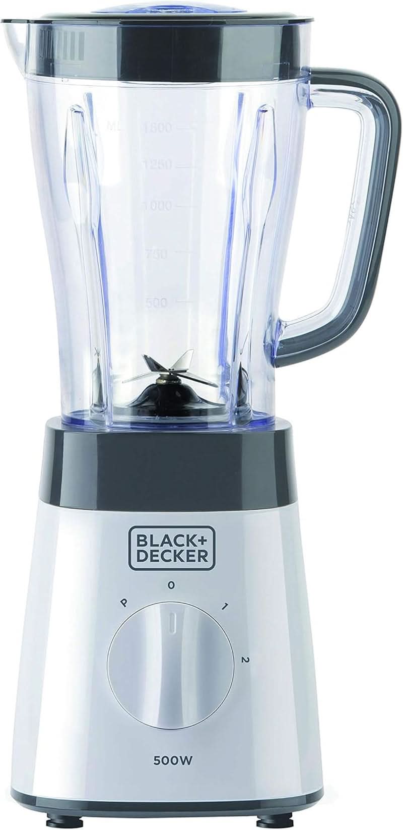 BLACK+DECKER Stativblandare | 500W | 2 hastigheter | Pulsfunktion | Glaskrug | 1,5L | Edelstahlmesser Mit 4 Klingen | Herausnehmbar Und Leicht Zu Reinigen | Weiß Und Grau Kitchen Naty Shop 500W Kunststoff