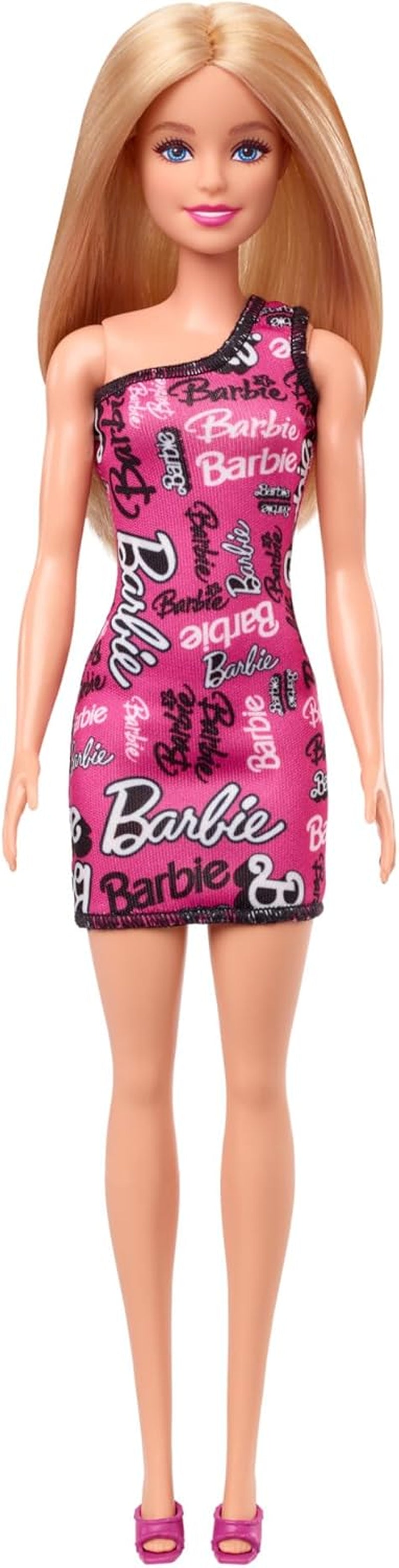 Barbie Modedocka med rakt blont hår i rosa One Shoulder Stretch-klänning och logotyptryckta skor HRH07 Naty Shop Dolls