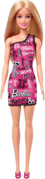 Barbie Modedocka med rakt blont hår i rosa One Shoulder Stretch-klänning och logotyptryckta skor HRH07 Naty Shop Dolls