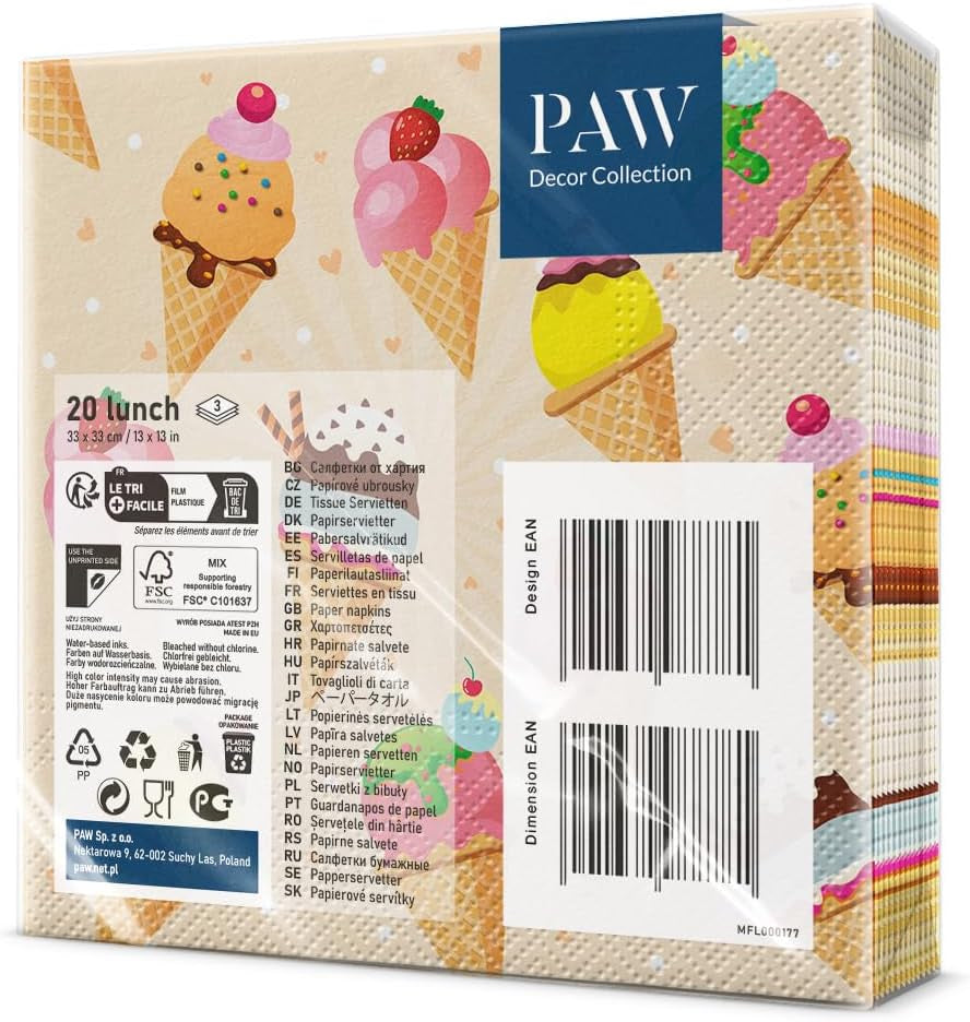 PAW - 3-lagers servetter (33 X 33 Cm) I 20 delar I Perfekt för fester, födelsedagar, helgdagar I Bordsdekorationer för barnkalas - Färgglada motiv pappersservetter - Glass I Glass