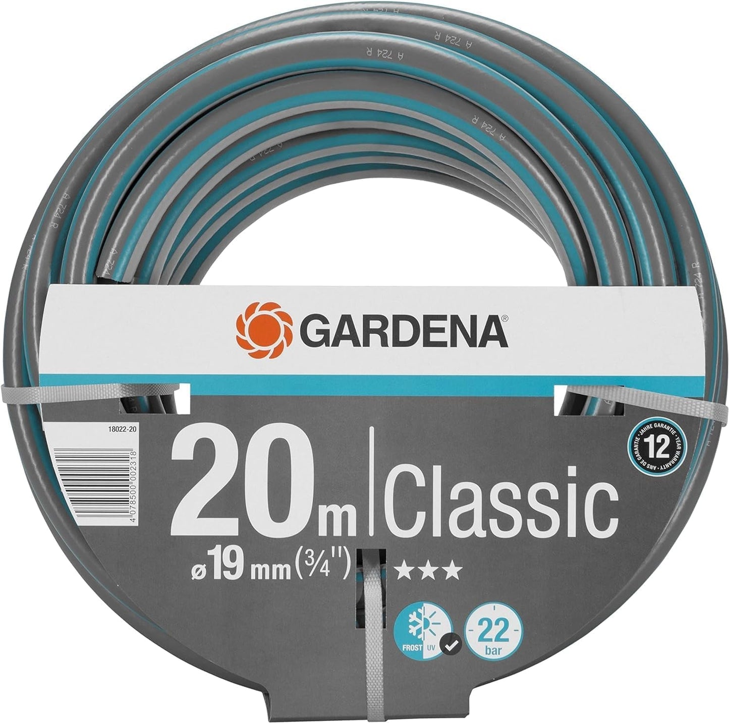 Gardena Classic Hose 19 mm (3/4 tum), 20 m: Universal trädgårdsslang av robust tyg, korsvävd, 22 bar sprängtryck, UV-beständig, inga systemkomponenter, 12 års garanti (18022-20)