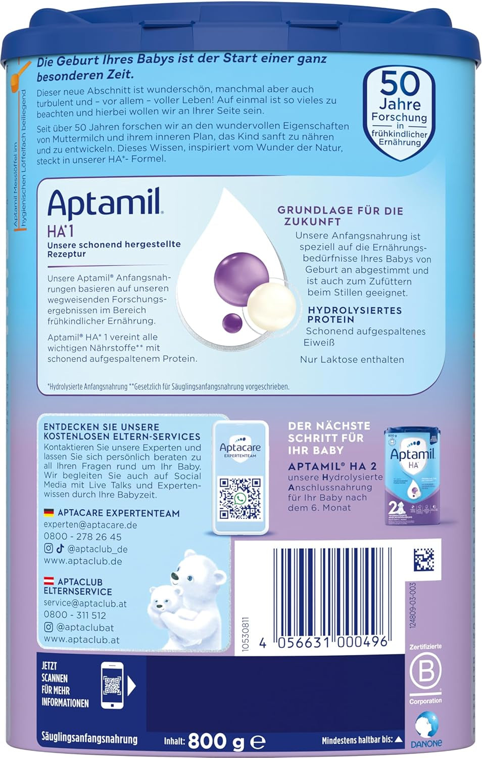 Aptamil HA 1 - Modersmjölksersättning från födseln, med DHA, laktosfri, palmoljefri, barnmat, mjölkpulver, 1 x 800 g