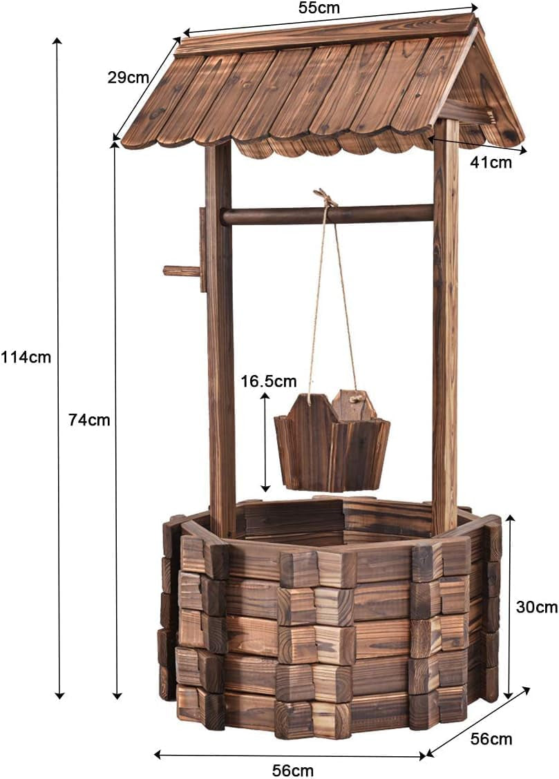 Träfontän 56x56x114cm med tak, Önskebrunn, Trädgårdsdekoration, Blomkrukor, Dekorativ fontän, Blomkrukor, Brun