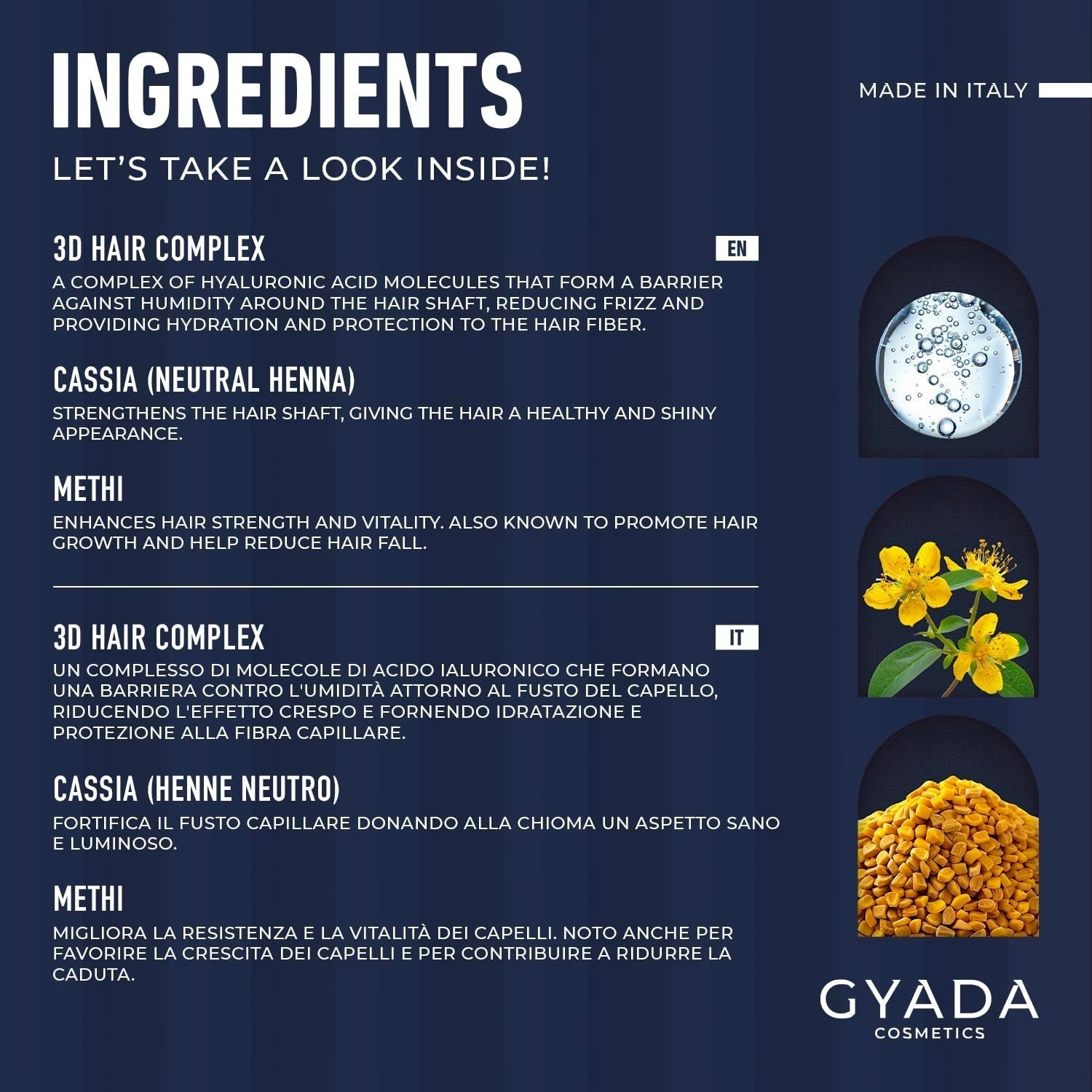 GYADA COSMETICS, hyalurvedisk stärkande ayurvedisk kompress, professionell behandling för fint och svagt hår, antifrizz med methi, maca, neutral henna, 200 ml Naty Shop hårmask