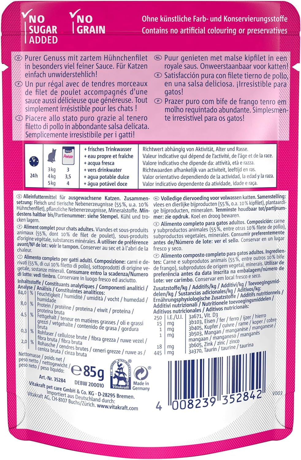 Vitakraft Poésie Délice, Nassfutter Katze, Katzennassfutter i sås, med kyckling, Vorratspackung, ohne Zusatz von Zucker och Getreide (23x 85g)