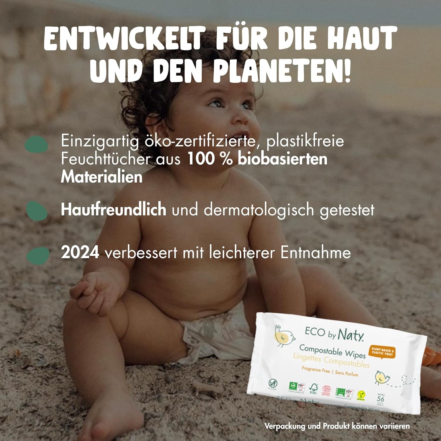 Naty babyservetter | 100 % ört- och doftfri för känslig hud | Plastfria och certifierade komposterbara våtservetter med 98 % renat vatten | 672 våtservetter (12 förpackningar)