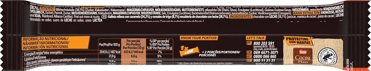 Nestlé LION Chokladkaka med kola, knaprigt mellanmål, knaprig choklad och knapriga chips, kolafyllning, en speciell matupplevelse, multipack, 28-pack (2 x 30 g vardera)