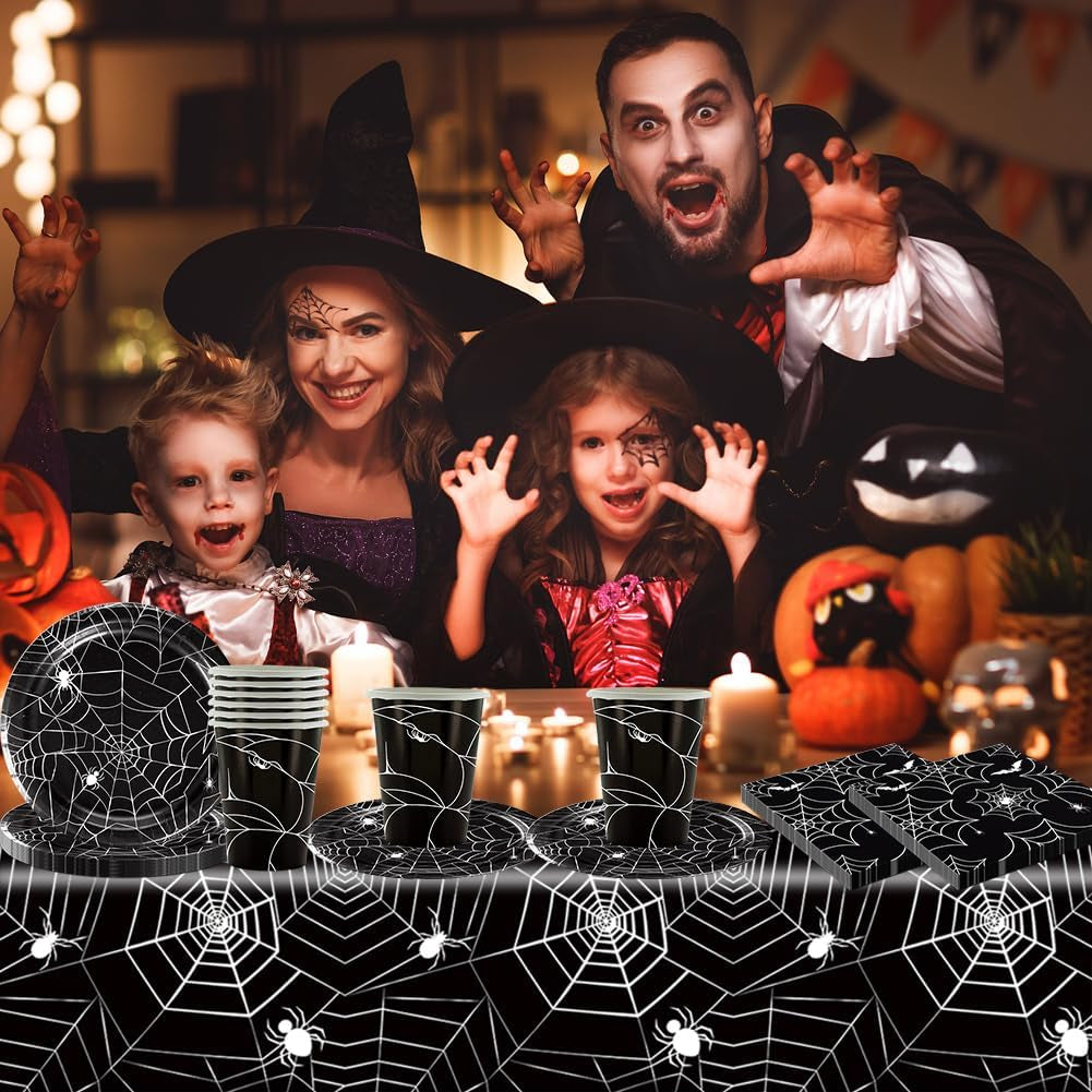 49 delar Halloween Spider Paper Bestick Set Inklusive tallrikar, servetter, glas och bordsduk. Svart servisset med desserttallrikar, servetter och glas.