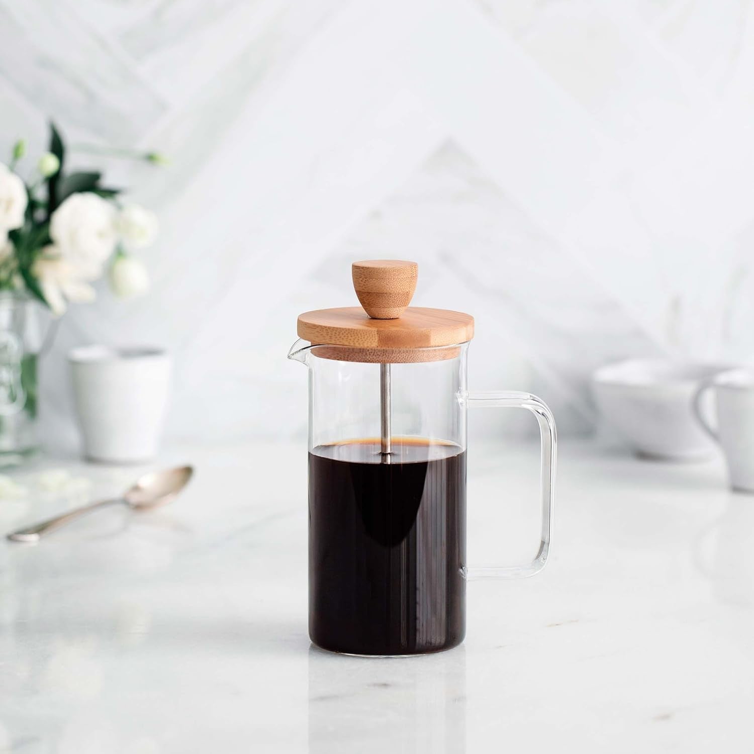 - Fransk kaffebryggare, kaffepress, kolvkaffebryggare, fransk filterkaffekanna, 3 koppar, 0,35 l, stål och trä