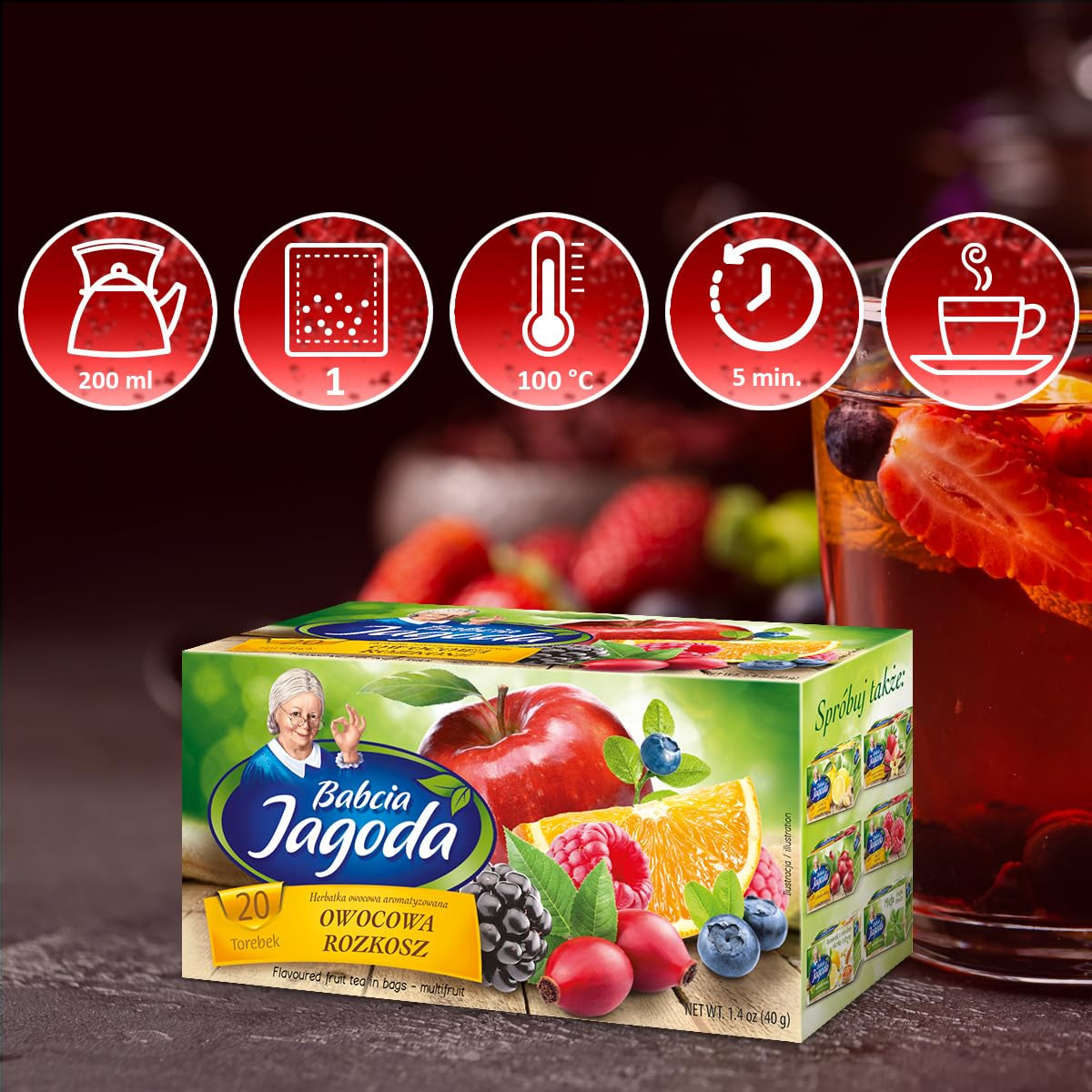 Babcia Jagoda - Fruktte "Fruchtige Verführung" - 20 tepåsar - Med hibiskus, äpple, aronia, björnbär, nypon, apelsinskal - Intensiv fruktsmak, koffeinfri, vegansk, naturlig, Cay - 40G