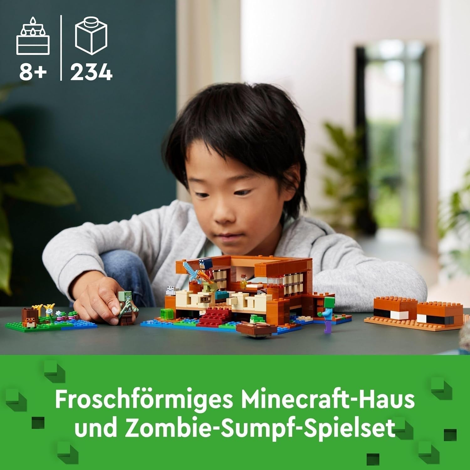 LEGO Minecraft The Frog House, leksakshus med figurer inklusive zombie, slem och drunknande man, plus tillbehör som leksaksbåt och arbetsbänk, present till pojkar och flickor från 8 år 21256 Byggset Besuche den LEGO-Store