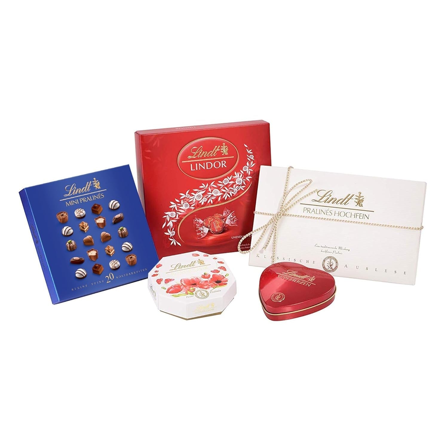Lindt Choklad Pralin Presentset | 477g | 5 askar Lindt-praliner i varianterna: Exquisite, Mini Praline, LINDOR Gift, Small Thank You, From the Heart | Pralingåva | Choklad present