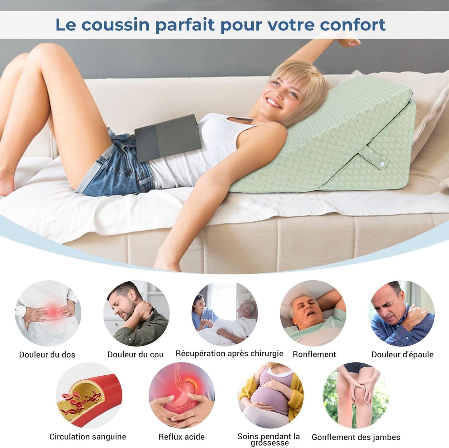 INFANZIA Kilkudde för säng, Hörnkudde, Triangelkudde, Vikbar, Memory Foam, Sömnapné, Acid Reflux, Benhöjning, Läsning, Grön