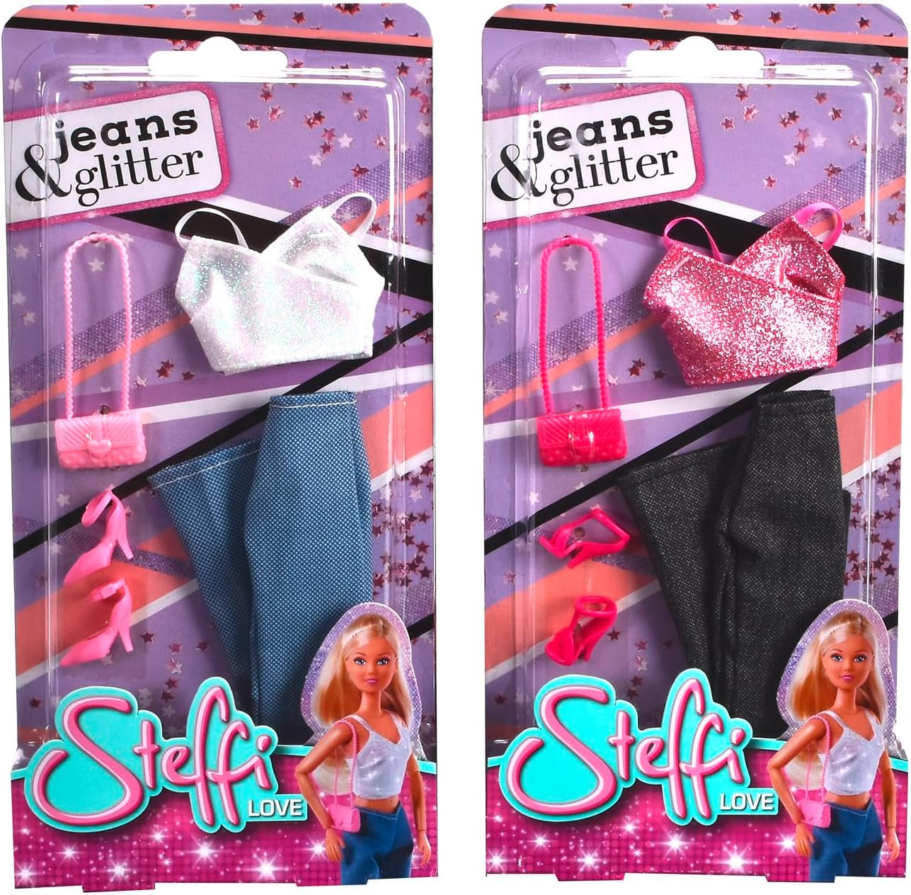 Simba Steffi Love Jeans & Glitter Matchande 2 Ways ETT objekt medföljer Glittertopp med jeans & modetillbehör för 29 cm dockor Docka ingår ej Ålder 3+