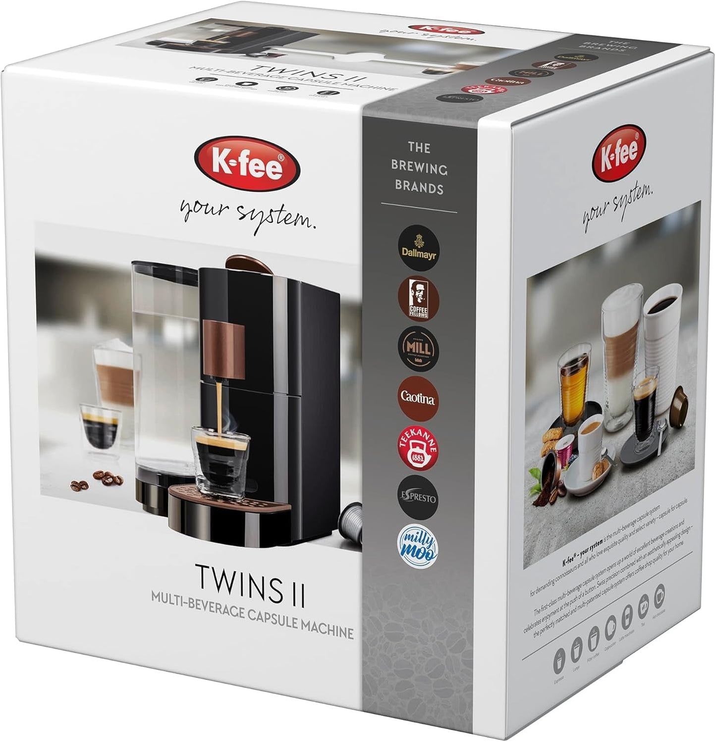 K-FEE TWINS II kapselespressomaskin för kaffe, te och kakao | Espressomaskin för stora koppar | Snabb uppvärmning | 2,3 l vattentank | 19 takter | Svart-koppar