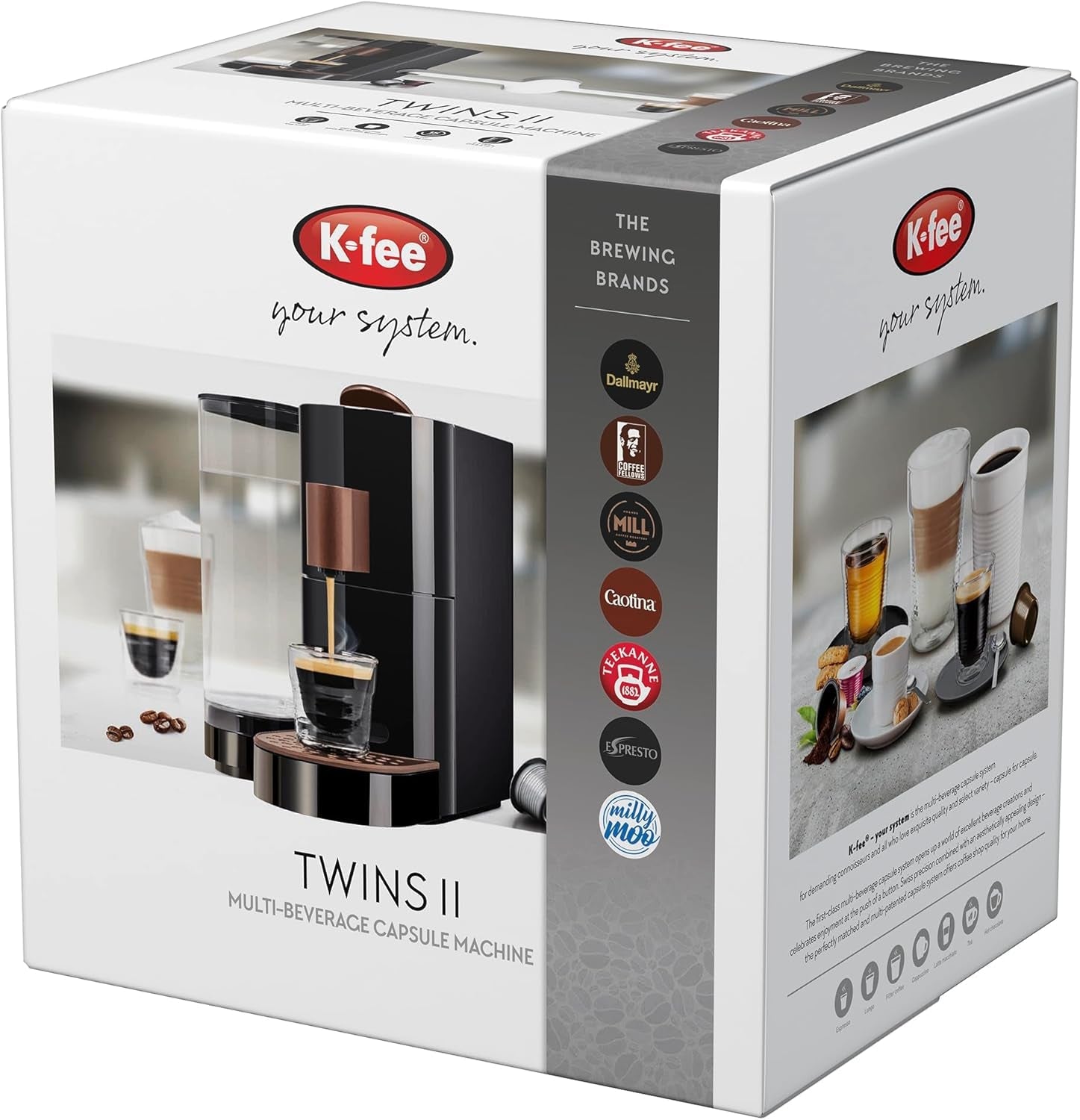 K-FEE TWINS II kapselespressomaskin för kaffe, te och kakao | Espressomaskin för stora koppar | Snabb uppvärmning | 2,3 l vattentank | 19 takter | Svart-koppar