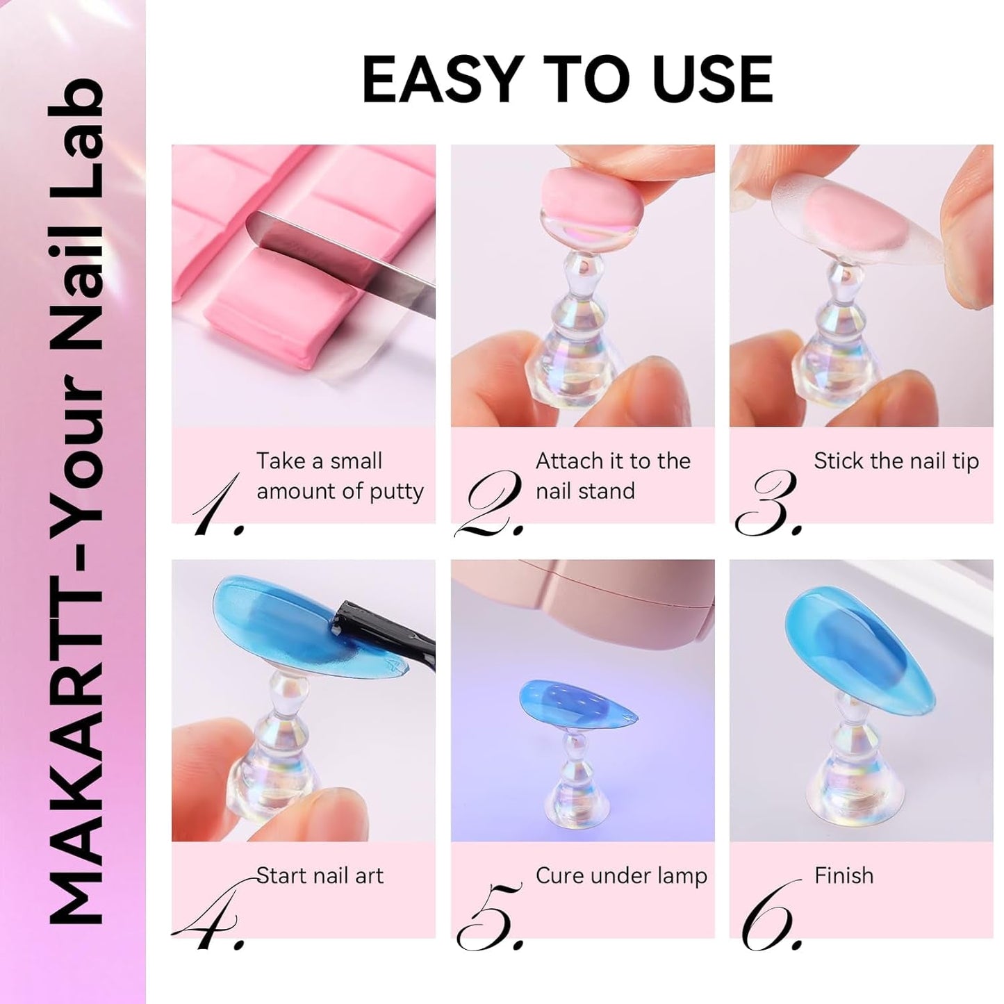 Makartt akryl nagelhållare, magnetisk nagelhållare, nagelhållare, transparent rosa nagelhållare med 48 självhäftande spackel