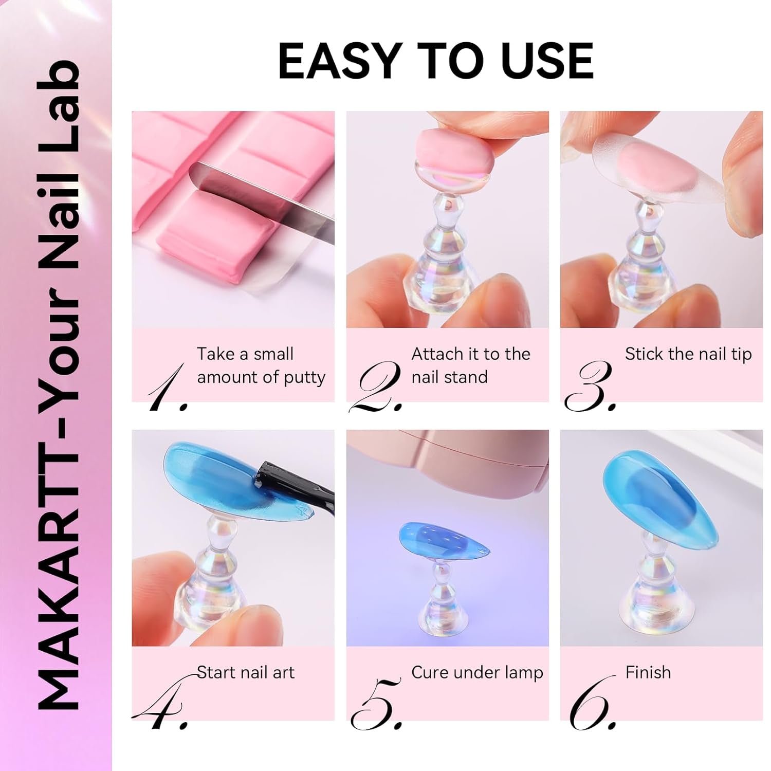 Makartt akryl nagelhållare, magnetisk nagelhållare, nagelhållare, transparent rosa nagelhållare med 48 självhäftande spackel