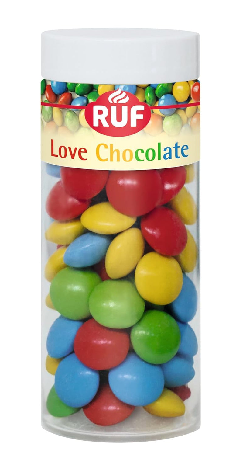 RUF Love Choklad Choklad Linsdekorationer, gjorda av fin mjölkchoklad med en krispig och färgglad sockerglasyr, 75g per kartong